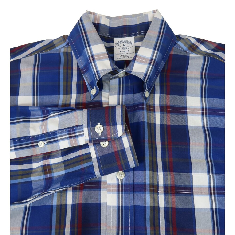BROOKS BROTHERS REGENT Button Down Mens Shirt Medium Cotton Plaid Non Iron L/S